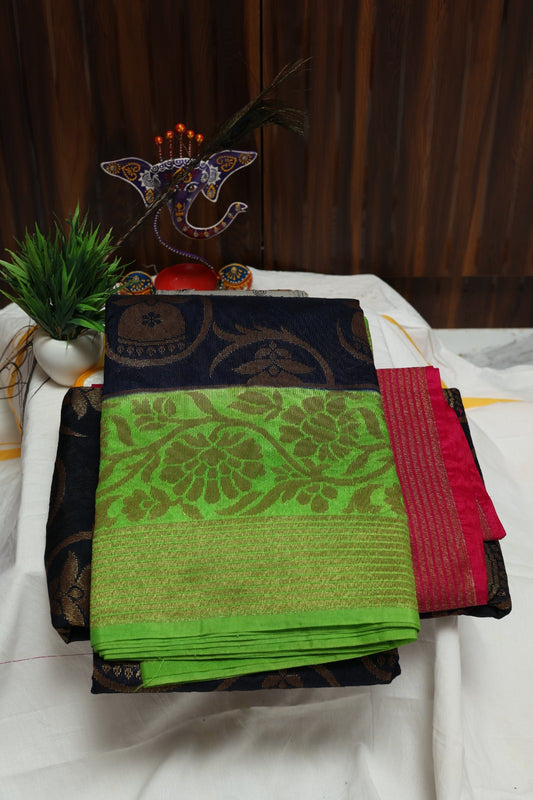 Black with Green Semi Banarasiii Silk