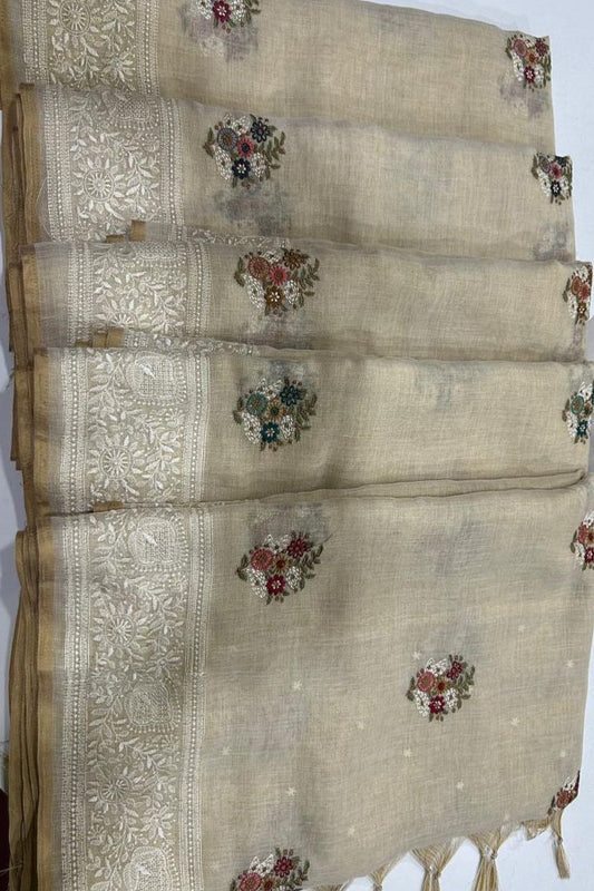 Linen tissue Embroidery saree